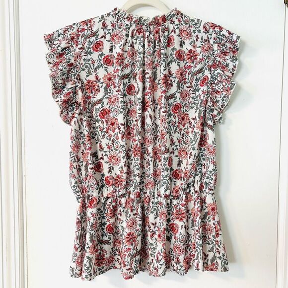 Voy 1X floral print peplum pleated cap sleeve ruffle neck blouse - Picture 4 of 10